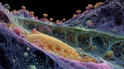 Abstract fractal alien landscape with colorful organic mycelium structure featuring textured layers and intricate patterns on black background in surreal digital terrain