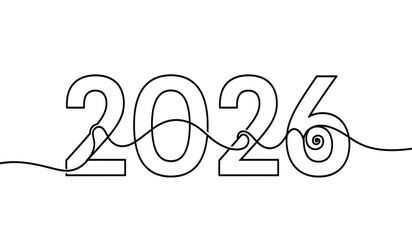 Year 2026 depicted as a continuous line drawing with a single black stroke, symbolizing future, progress, and upcoming events in minimalist style.