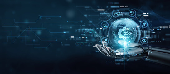 Business leader hand holding globe with network connecting data transformation concept. Global innovation reshaping industries, driving progress, digital evolution, business growth, and modernization.