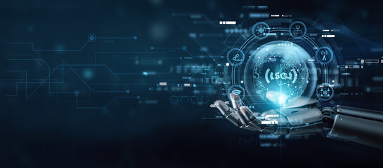 Technician hand holding globe with network connecting data 5G technology revolution. Ultra-fast connectivity, smart devices, IoT expansion, communication upgrade, and network transformation.
