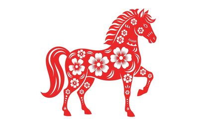 Traditional red chinese paper-cut horse silhouette adorned with white floral patterns, symbolizing good fortune and prosperity for the lunar new year celebration