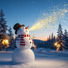 Obraz premium Magical snowman blowing golden glitter into the winter night air.