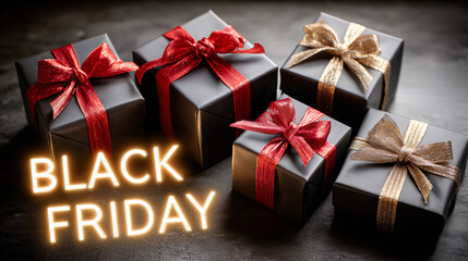 Black Gift Boxes with Glossy Ribbons Holiday Flat Lay