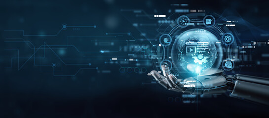 Manager hand holding globe with network connecting data content management system. Organizing digital assets, publishing workflows, data governance, SEO optimization, and seamless collaboration online