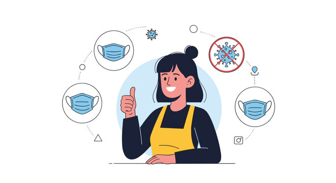 Person giving a thumbs up, surrounded by icons related to masks and preventing coronavirus.