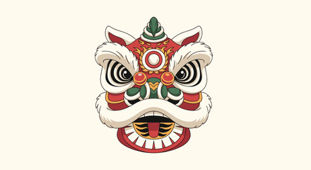 Cartoon lion dance head with traditional Chinese decorations and motifs, symbolizing good fortune and celebration.