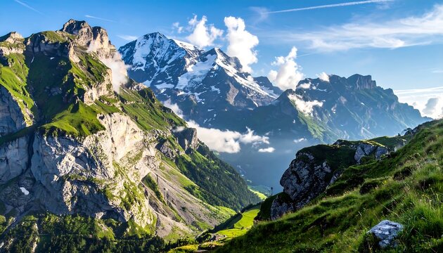 Scenic mountain range, featuring snow-capped peaks and valleys