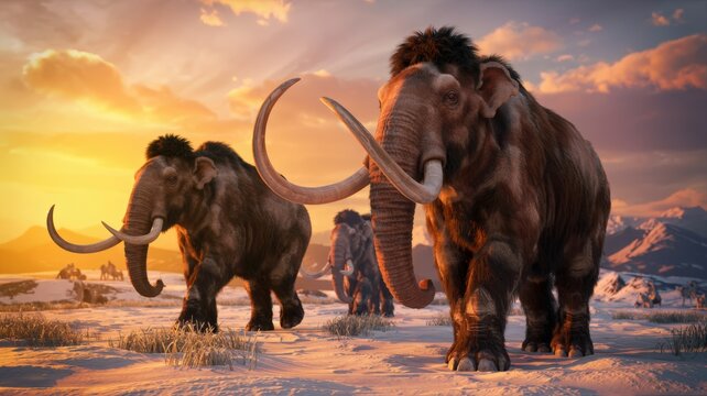 Digital illustration of a herd of extinct woolly mammoths walking at sunset
