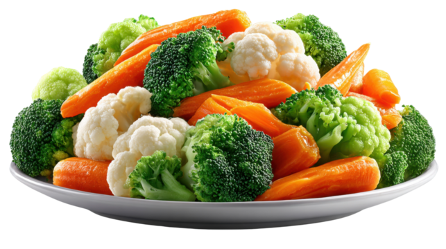 Healthy Garden Harvest: A vibrant assortment of freshly prepared broccoli, cauliflower, and carrots creates a colourful and nutritious meal, all presented in perfect composition. 
