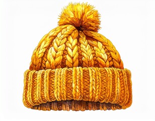 Chunky knit cap featuring a prominent pom-pom and thick cable knitting pattern, illustrated in a beautiful watercolor style for fashion design
