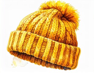 Chunky knit cap featuring a prominent pom-pom and thick cable knitting pattern, illustrated in a beautiful watercolor style for fashion design