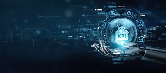 Manager hand holding globe with network connecting data key performance indicator metrics. Business analytics, productivity tracking, goal measurement, efficiency, and performance management.