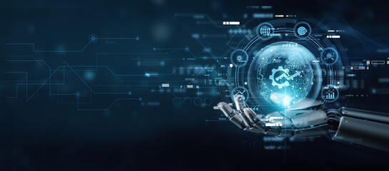 Business professional hand holding globe with network connecting data productivity enhancement. Efficient workflow, task automation, management, digital collaboration, goal achievement, and innovation