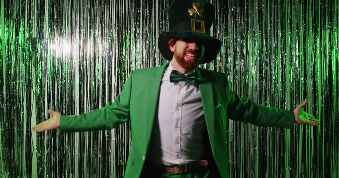 Saint Patrick day funny mischievous elf celebration, national Irish costume, happy dance nightclub entertainment, party bright green lighting, cute disco dance hall discotheque, event celebration