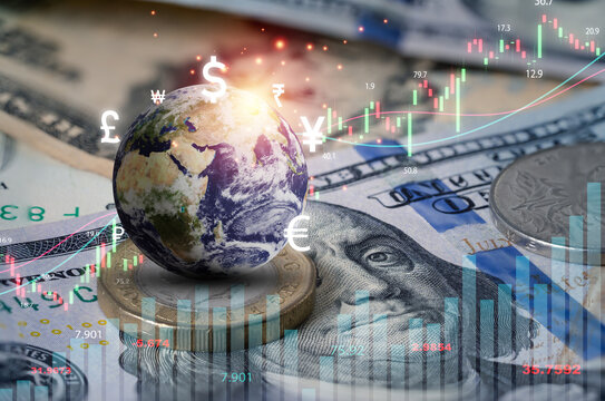 Global finance concept showing world economy and foreign exchange market with currency symbols dollar euro yen and pound on money background representing international trade and investment growth.