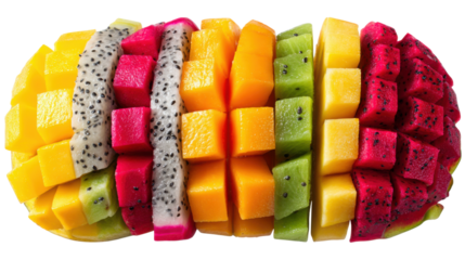 Exotic Fruit Sensation: An array of vibrantly colored exotic fruits, sliced to perfection and arranged in an enticing display, tempting the senses with their freshness and natural beauty.