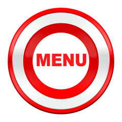 A stylized, glossy button with a central, bold "MENU" inside a red & white circle