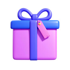 A vibrant, 3D rendered gift box with a ribbon and tag, isolated on black