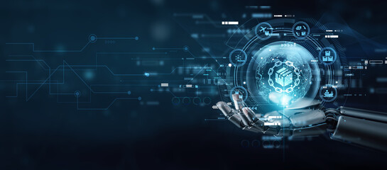 Manager hand holding globe with network connecting data supply chain management system. Logistics optimization, resource planning, distribution control, inventory tracking, and business efficiency.