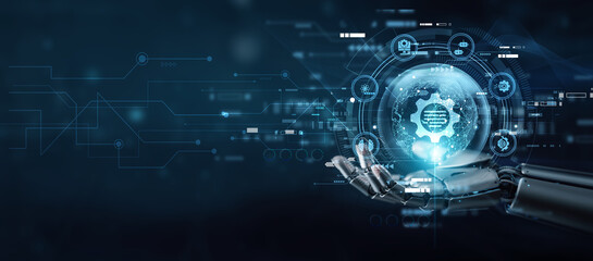 Data scientist hand holding globe with network connecting data natural language processing AI. Speech recognition, text mining, semantic analysis, chatbot interaction, and communication intelligence.