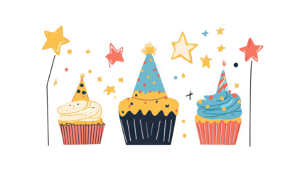 Three cupcakes with party hats and star decorations on a black background for celebration theme