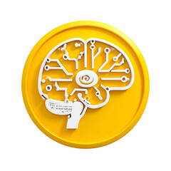 Conceptual digital brain icon, stylized with circuits inside a yellow coin shape