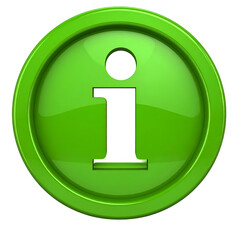 Glossy green circular button with a white 'i' inside, set against a black background