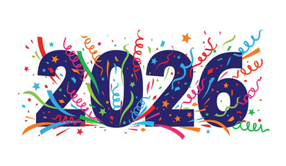 Bold, vibrant blue numbers representing the year 2026, adorned with colorful confetti and streamers, creating a festive and celebratory atmosphere for new year's eve and other special occasions.