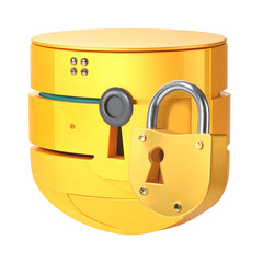 Golden data server with a padlock symbolizing security and protection, cartoon style