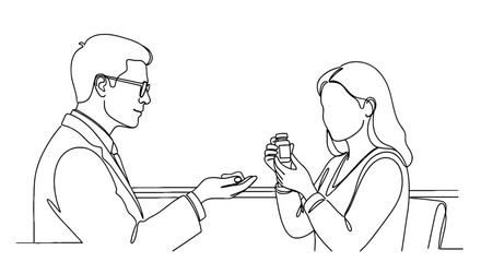 Medical Consultation: Doctor Prescribing Medication to Patient in Clinic - Modern Healthcare Scene Depicting Advice, Treatment, and Well-being.  Line Art Illustration for Presentations, Website Design