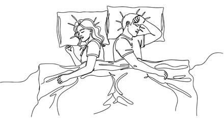 Fototapeta premium Stressed Couple Sleeping Back-to-Back in Bed, Experiencing Relationship Problems, Representing Marital Conflict and Intimacy Issues in a Modern Home Environment, Drawn in Minimalist Line Art Style for