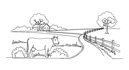 Dairy Cow Grazing in a Lush Green Pasture Near Farmhouse with Rolling Hills Backdrop in a Single Line Art Style Illustration for Agriculture and Livestock Industry Projects, Promoting Eco-Friendly Far