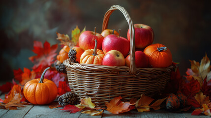 a basket filled with apples, pumpkins, and autumn harvest produce, rustic background