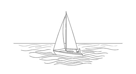 Solitary Sailboat Sailing on the Ocean at Sunset, a Minimalist Nautical Scene for Summer Travel and Vacations, Representing Freedom and Escape, in a Graphic Style for Advertising and Marketing (198/20