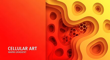 Warm Gradient Cellular Art - Abstract Design with Layered Shapes and Honeycomb Pattern.