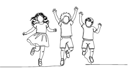Energetic Children Jumping for Joy in Celebration of Childhood, Freedom and Happiness, Drawn in One Continuous Line Style for Creative Designs, Suitable for Education, Family, or Healthcare Concepts,