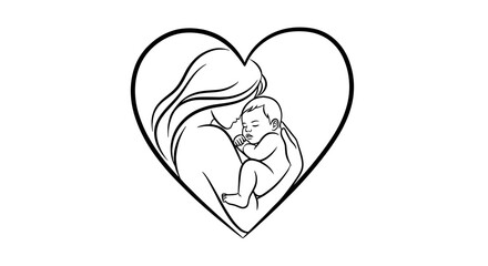 Loving Mother Embracing Newborn Child in Heart Shape Outline: Tender Family Moment, Healthcare Illustration for Parenthood, Pregnancy & Childbirth Content, Serene Minimalist Artwork in Soft Pastel Ton
