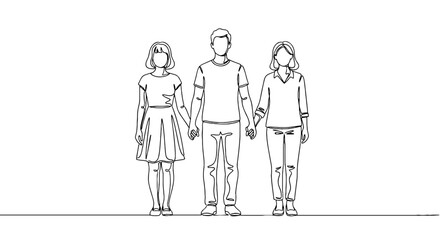 Continuous Line Drawing of Diverse People Holding Hands in Solidarity, Demonstrating Unity and Support in a Minimalist Style on a Plain Background for Social Advocacy, Business, Healthcare, and Educat