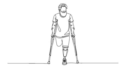 Man with Leg Amputation Walking with Crutches: Line Art Illustration of Disabled Person Navigating Obstacles, Modern Healthcare, Rehabilitation, Recovery, Strength, Resilience Concept,  Support, Inclu