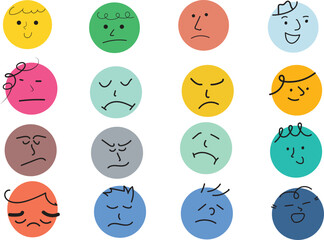 Emotional Comic Face Illustrations Pack Round abstract comic Desi Faces with various deve Emotions. Crayon illust drawing style. peop Different colorful illus characters. Cartoon activ style. 
