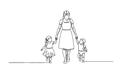Continuous Line Art of Mother and Children Walking Together Outdoors in Minimalist Style for Family Lifestyle Illustration and Childhood Memory Projects, Simple Linear Drawing for Generational Connect
