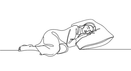 Woman Sleeping Peacefully in Bed, Single Continuous Line Art Drawing of Young Female Asleep on Pillow for Relaxation and Wellness Presentation. Creative Minimalist Vector for Healthcare, Lifestyle, Be