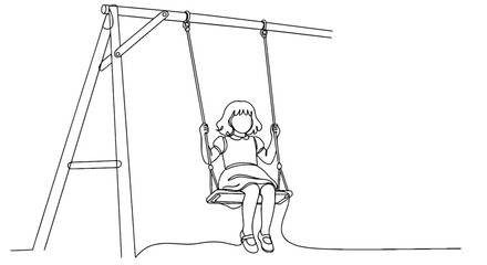 Girl on a Swing Enjoying Childhood Fun in a Park: Line Art Illustration for Children's Activities, Recreation, and Educational Projects, Representing Playful Leisure, Innocence, and Outdoor Adventures