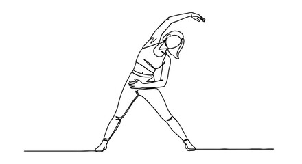 Active Woman Stretching in Modern Workout Class, Wellness Training and Fitness Exercise for Healthy Lifestyle, Single Line Art in Colorful Illustration, Sporty Graphic Design for Healthcare and Wellbe