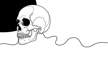 Monochrome Skull Contemplation Against Red Sun: Artistic Mortality Concept in Graphic Design Style, Representing Reflection on Life's Impermanence, for Healthcare, Education, and Creative Projects, De