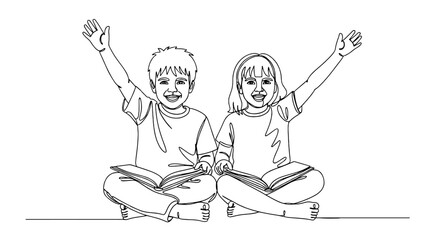 Happy Children Reading Books Together, Raising Hands in Excitement - Continuous Line Drawing Style Illustration for Education, Learning, and Childhood Development Projects, Perfect for Website Graphic