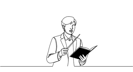 Teacher Lecturing with Red Book in Classroom, Line Art Illustration: A continuous line drawing of an educator teaching with pointer, modern educational presentation, minimalist vector art for websites