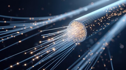 Blue fiber optic cables carrying digital data via light for high-speed internet communication in a network