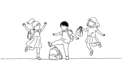 Excited Children Returning to School, Jumping and Kicking with Backpacks in Elementary Schoolyard, Depicting Happiness and Anticipation of Learning in Education Setting,  Cartoon Illustration Style fo