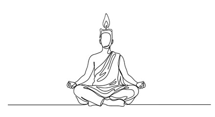 Meditating Monk with Candle Flame Head in Contemplation, One-Line Art Silhouette Vector Illustration for Spiritual Guidance & Mindfulness Practice, Minimalist Religious Icon for Faith, Meditation, Yog